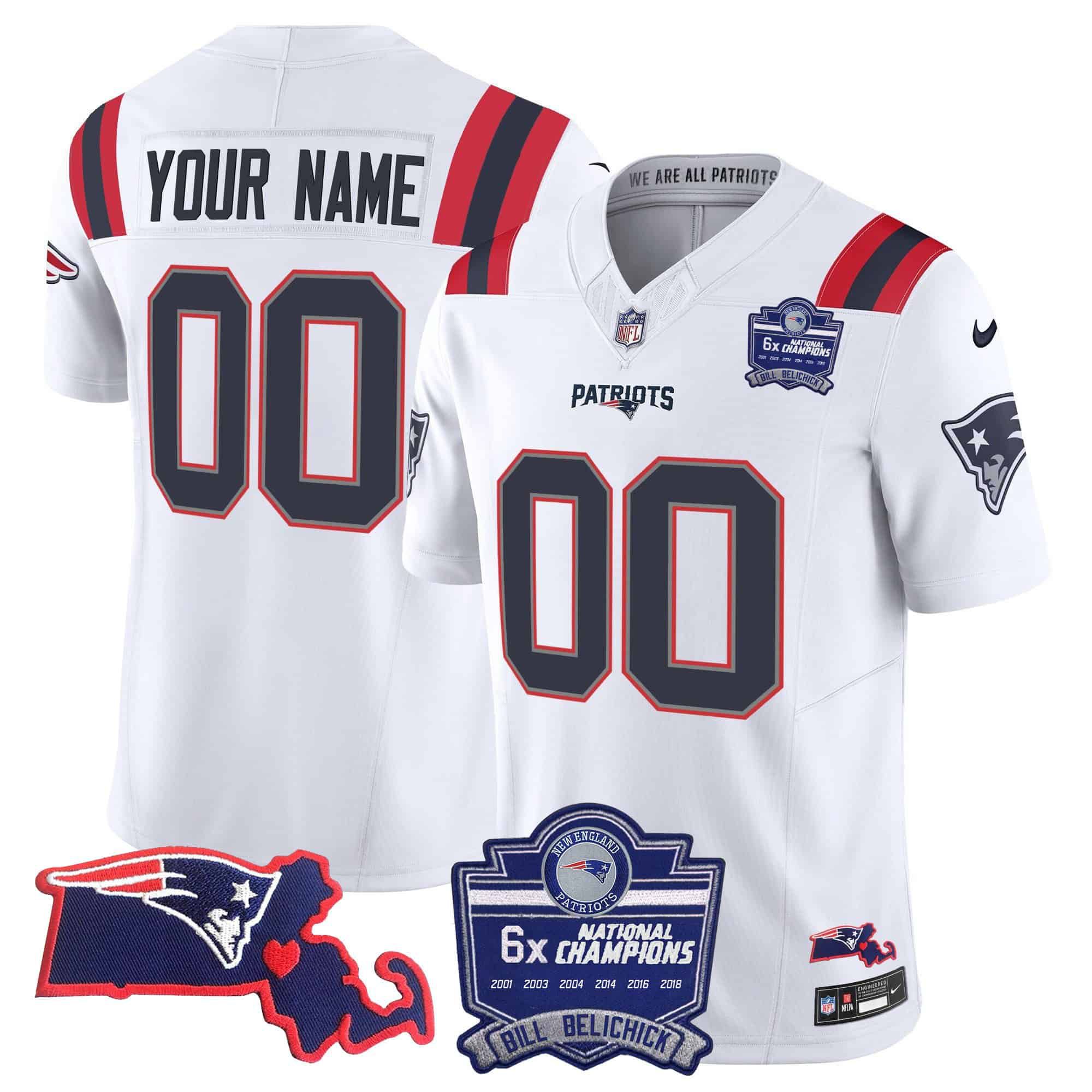 Men New England Patriots White 2024 Nike 6x Champions Patch Vapor Custom NFL Jersey